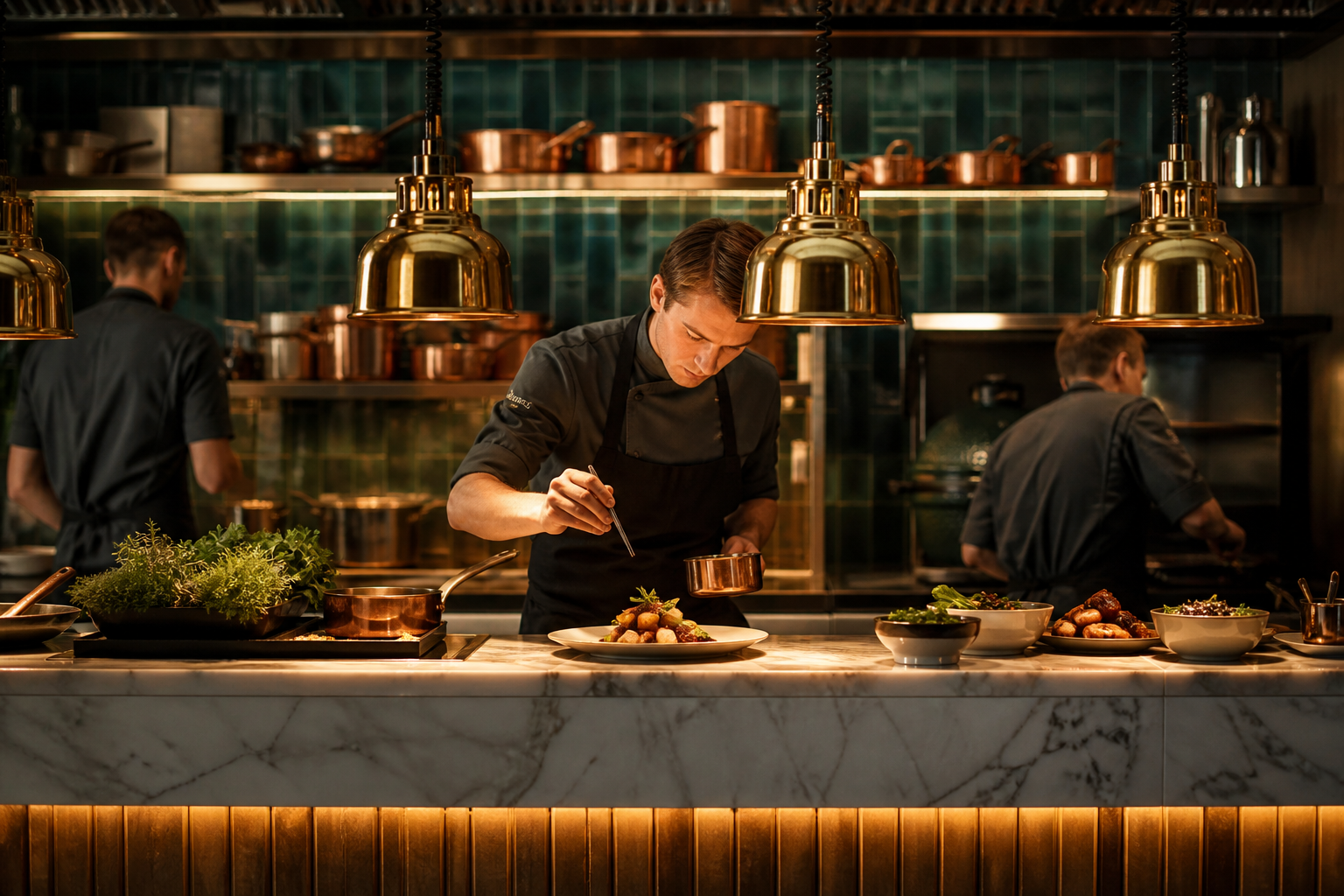 Open kitchen at SzybkaChef with chefs plating a tasting course