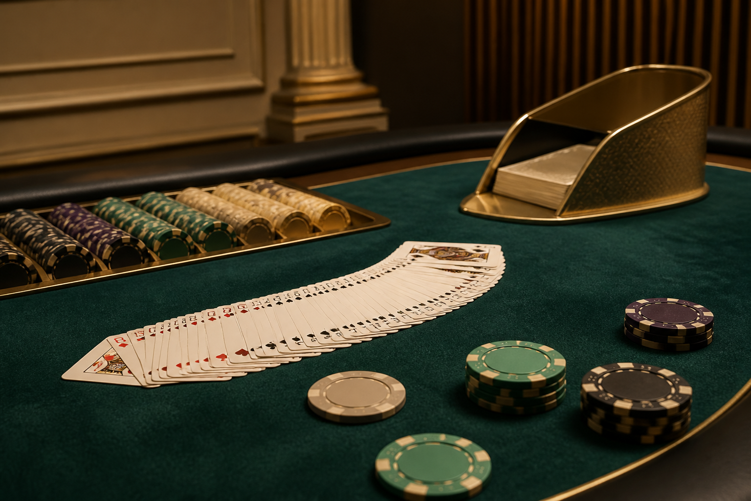 Close view of cards and chips on a table game