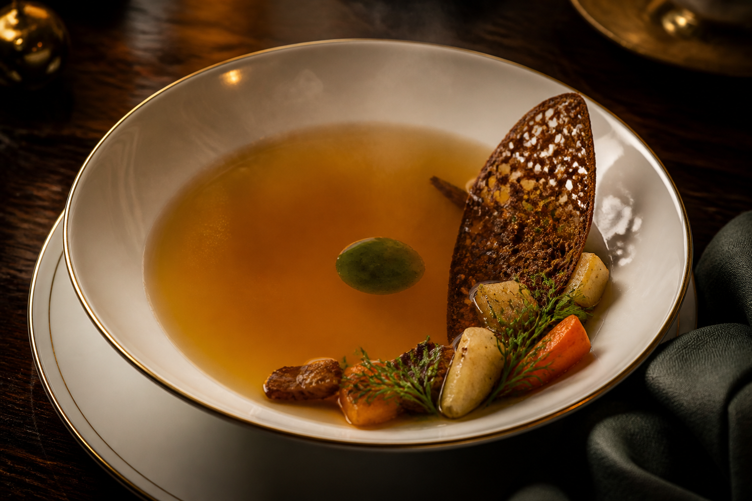 Forest consomme with herb oil and a rye shard