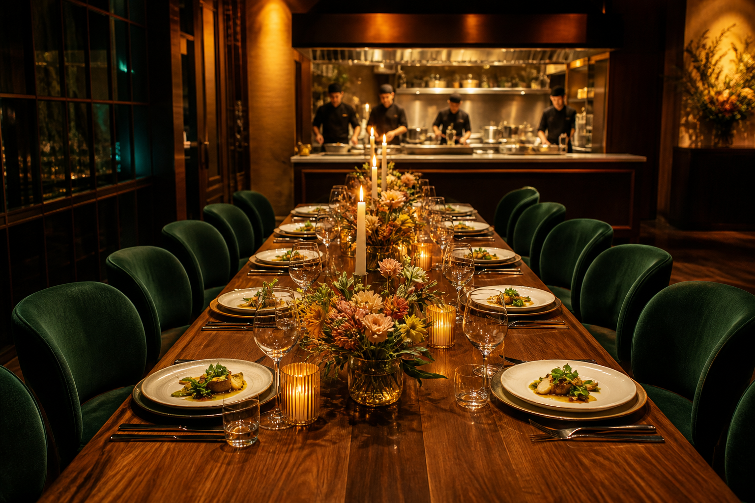 Long chef table set for a tasting event